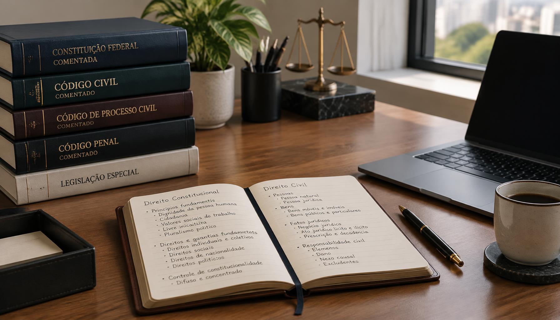 Mesa de estudos com livros jurídicos, notebook e anotações